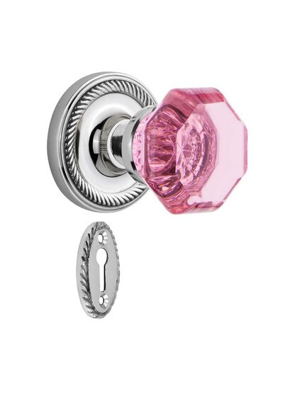Rope Rosette Mortise Lock Set with Colored Waldorf Crystal Glass Knobs Pink in Polished Chrome.